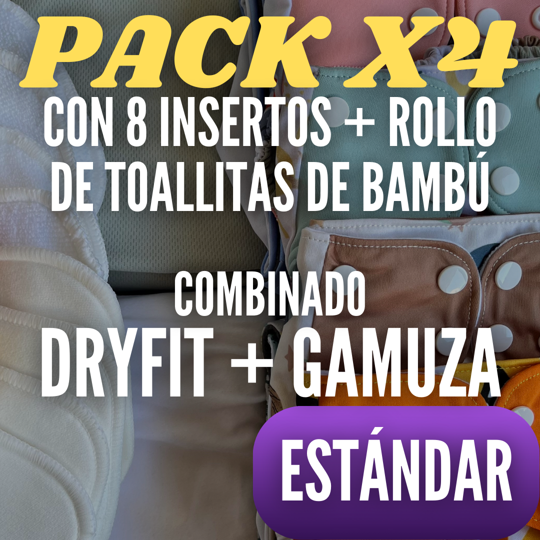 PACK x4 PAÑALES ESTÁNDAR | 2 GAMUZA + 2 DRYFIT GRIS