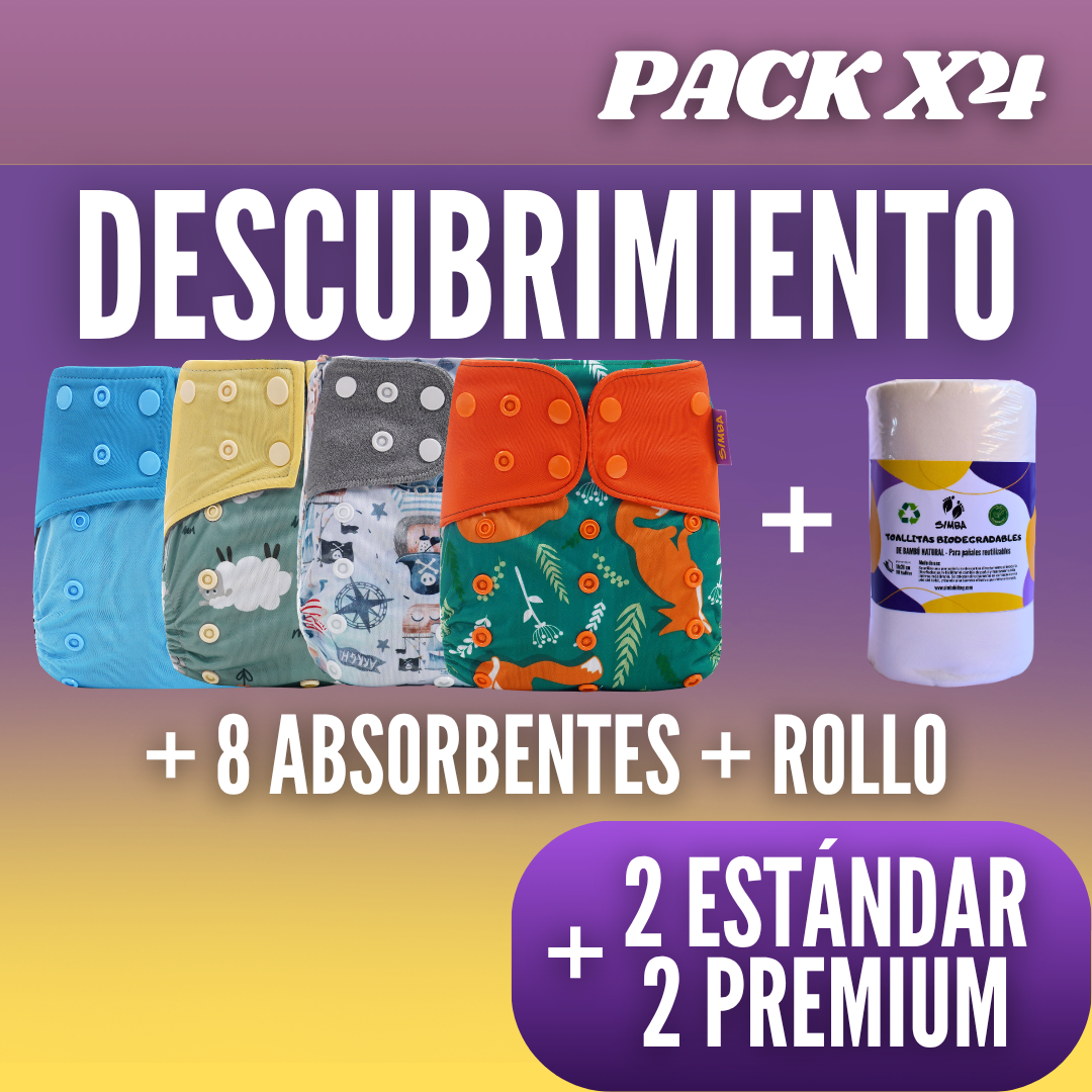 Pack "Descubrimiento" 4 Pañales | Incluye 8 absorbentes y rollo