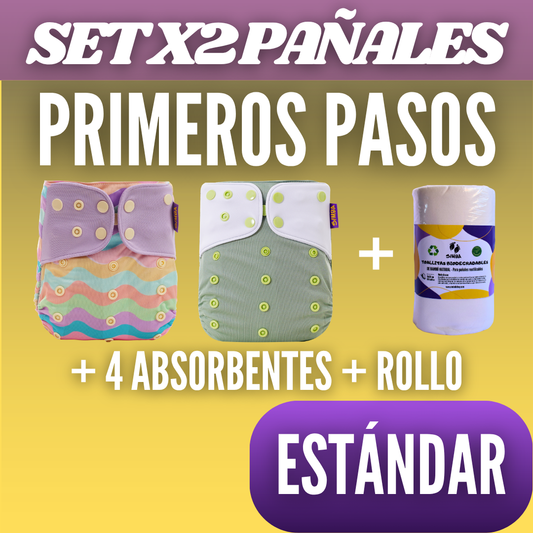 Set Primeros Pasos 2 pañales | incluye 4 absorbentes y rollo