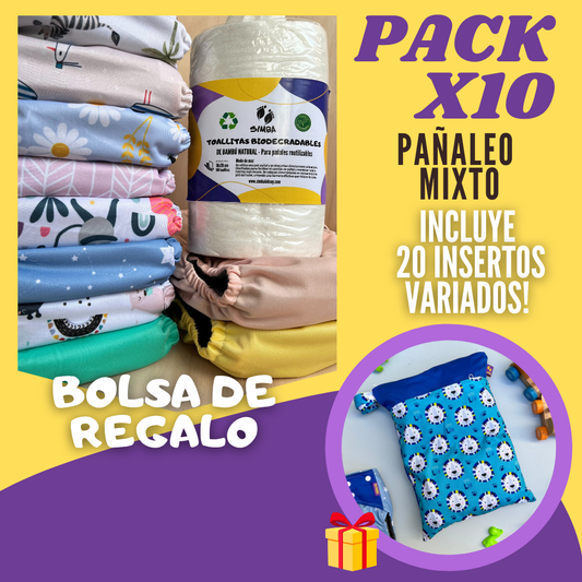 PACK X10 - "PAÑALEO MIXTO" (incluye 20 insertos) 🎁 BOLSA IMPERMEABLE